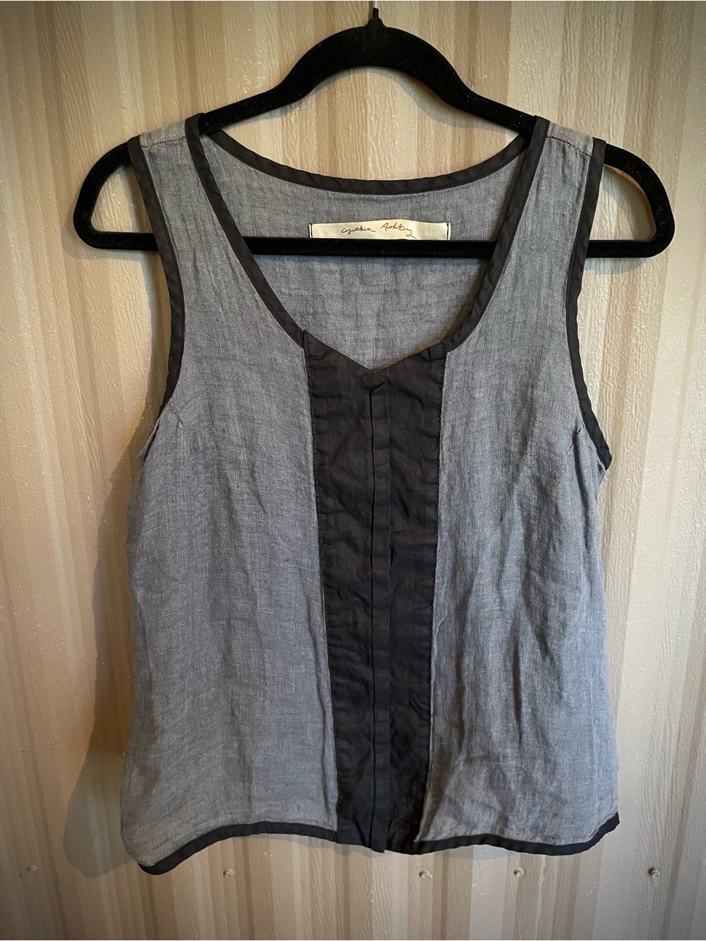 Cynthia Ashby Grey/Blk Sleeveless Linen Snap Tunic Top Minimalist Lagenlook sz S - Picture 7 of 14